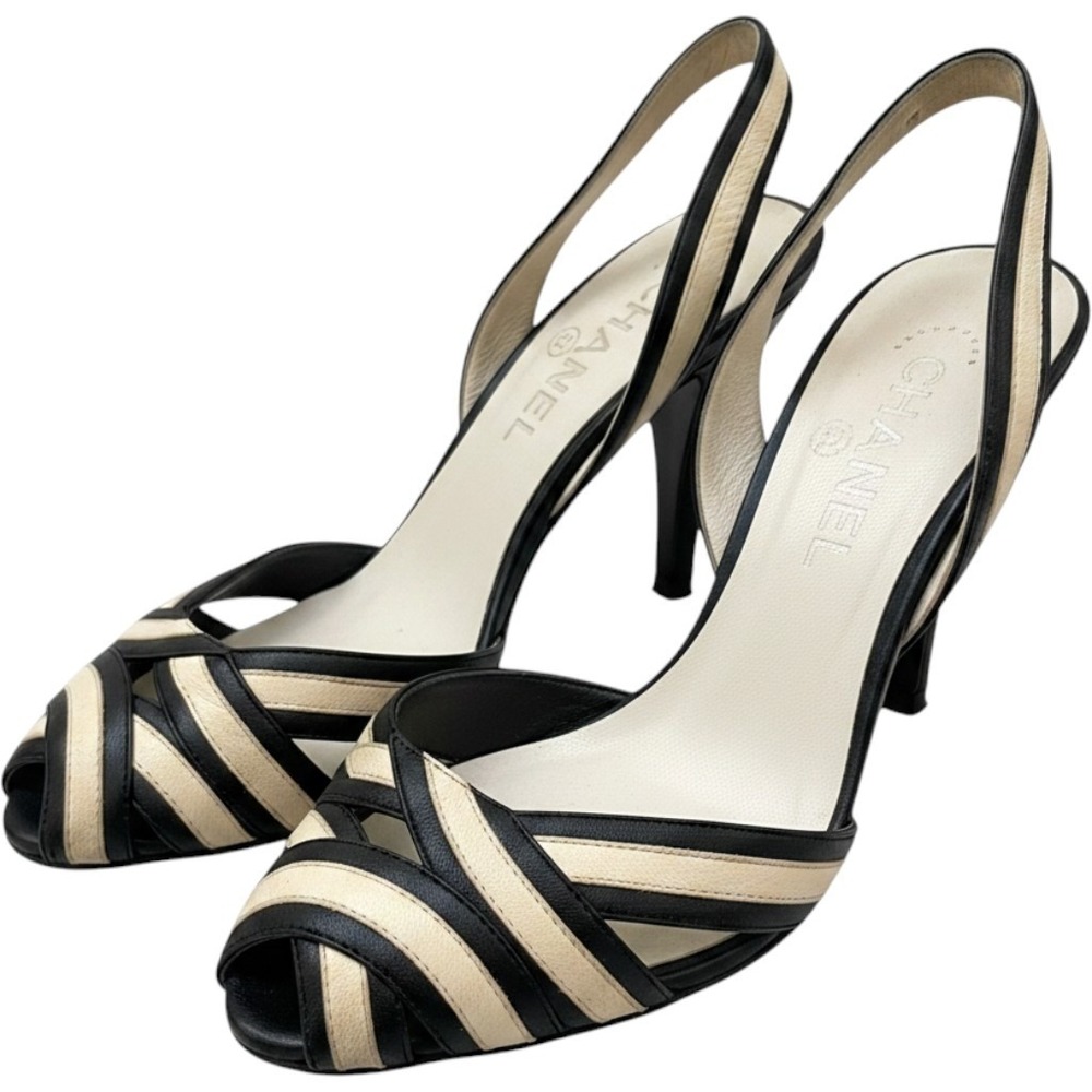 Chanel Vintage Black Cream Striped Leather Slingback Peep Toe Heels Size 37
